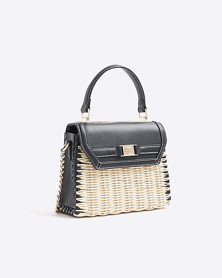 Black Mini Raffia Cross Body Tote Bag
