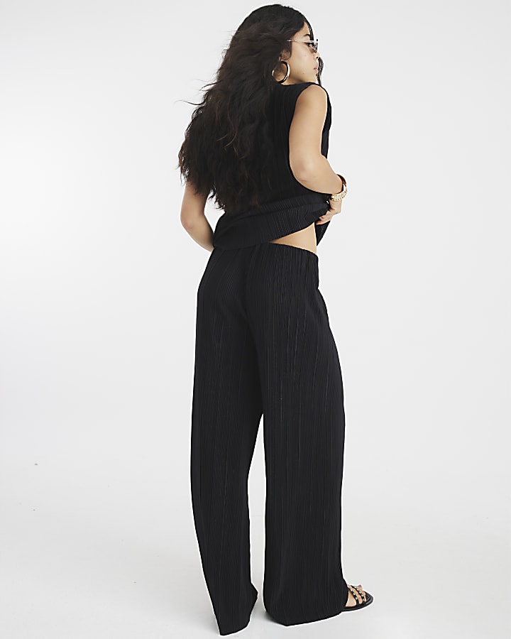 Black Plisse Wide Leg Trousers