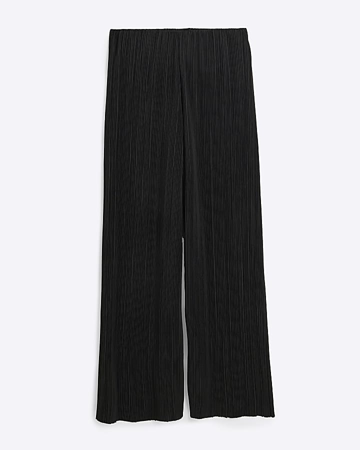 Black Plisse Wide Leg Trousers
