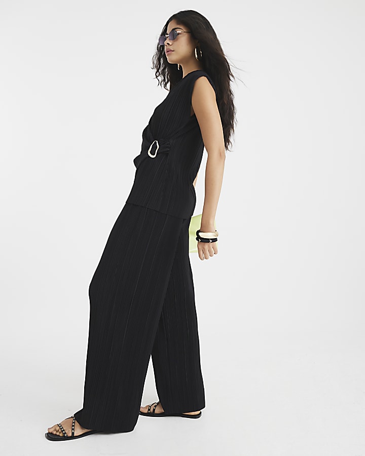 Black Plisse Wide Leg Trousers