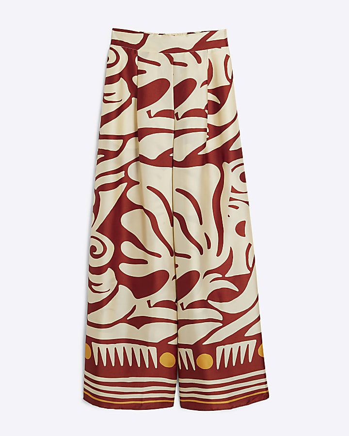 Rust Abstract Print Wide Leg Trousers