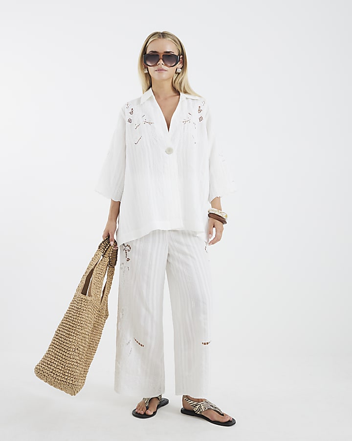 Petite White Cutwork Trousers