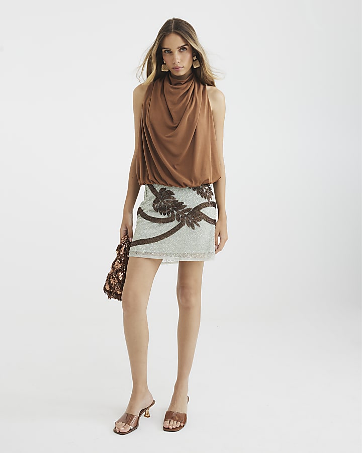 Blue Palm Print Embellished Mini Skirt