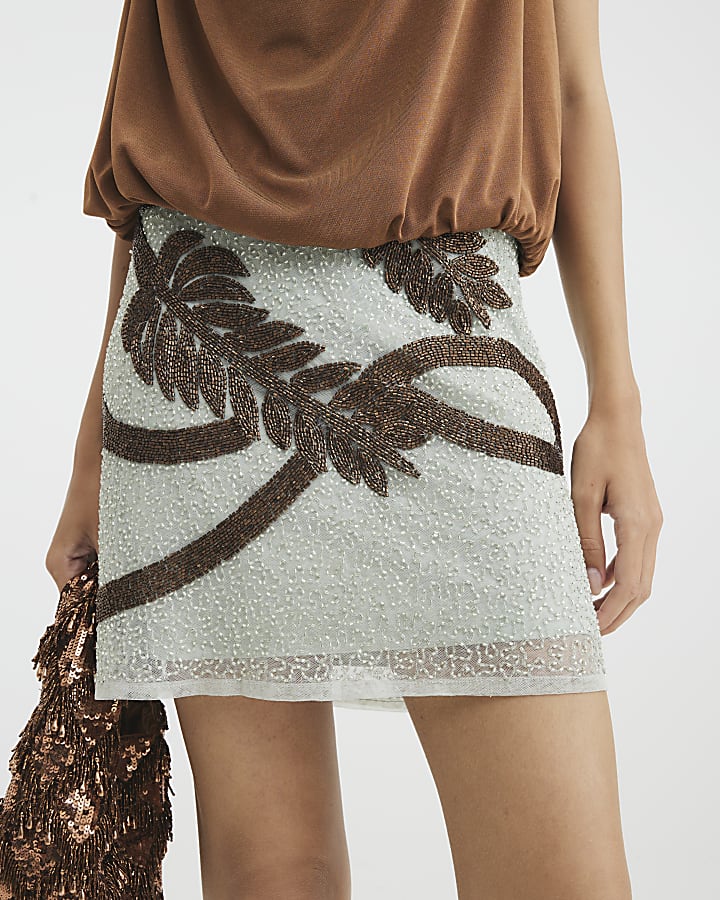 Blue Palm Print Embellished Mini Skirt