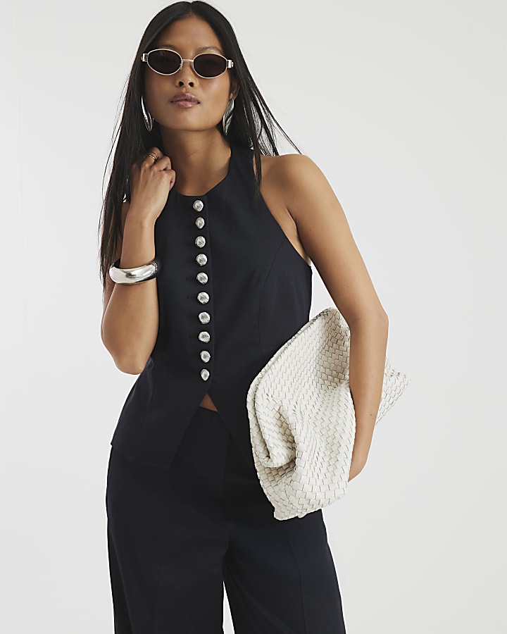 Petite Black Halter Neck Fitted Waistcoat