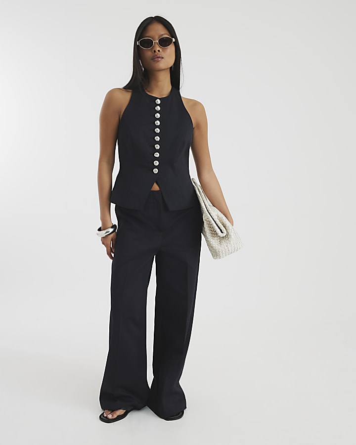 Petite Black Halter Neck Fitted Waistcoat