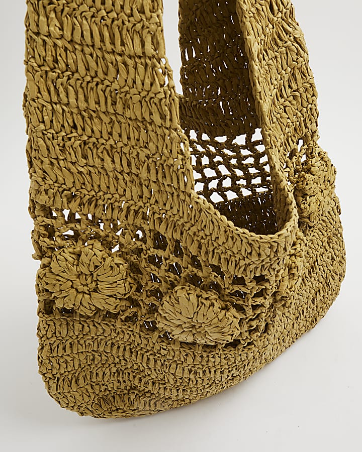 Khaki Raffia Flower Shoulder Bag