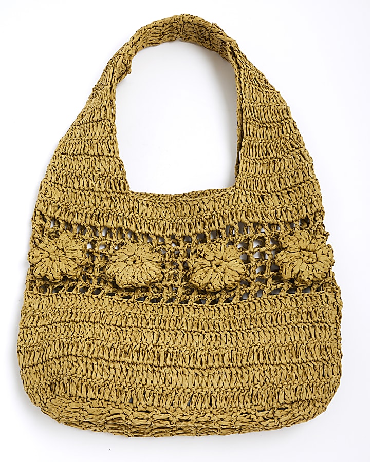 Khaki Raffia Flower Shoulder Bag
