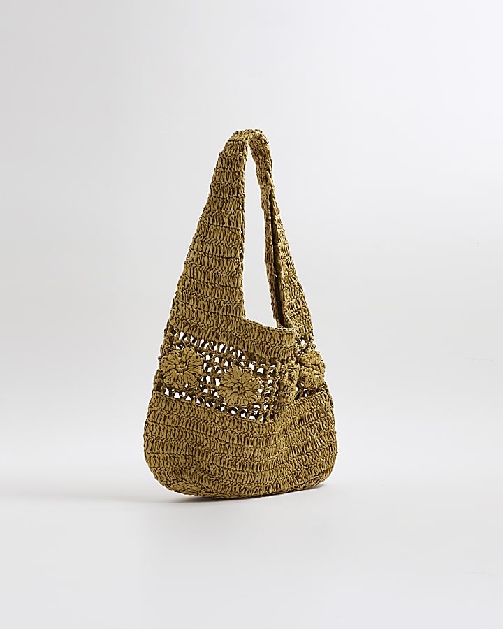 Khaki Raffia Flower Shoulder Bag