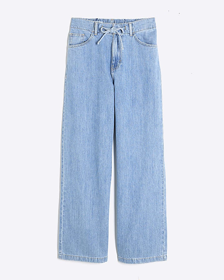 Blue Wide Leg Tie Front Jeans