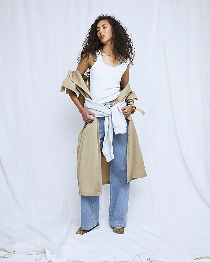 Blue Wide Leg Tie Front Jeans
