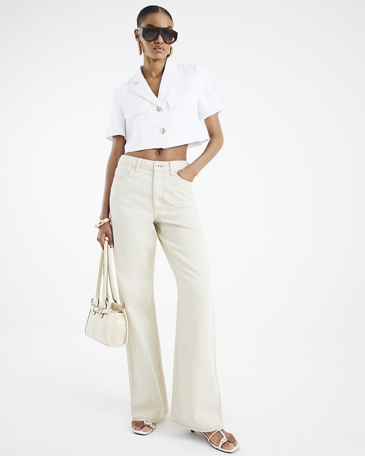 Beige High Rise Relaxed Straight Leg Jeans