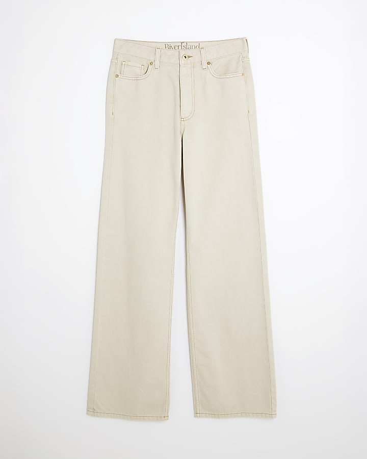 Beige High Rise Relaxed Straight Leg Jeans