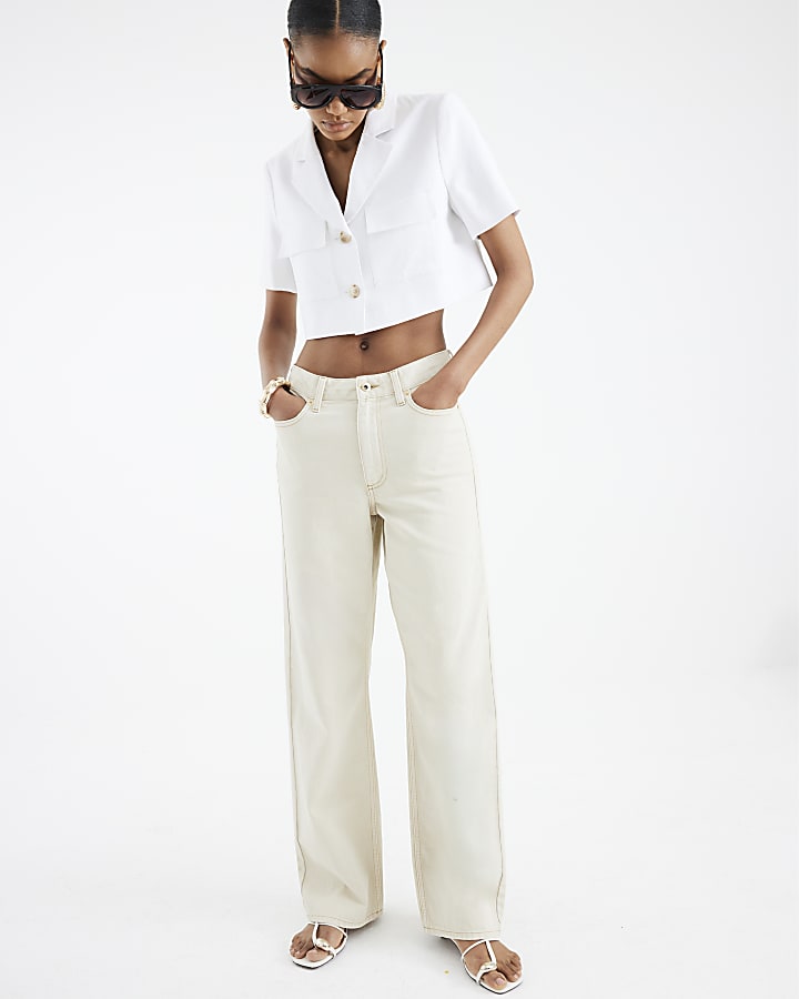 Beige High Rise Relaxed Straight Leg Jeans