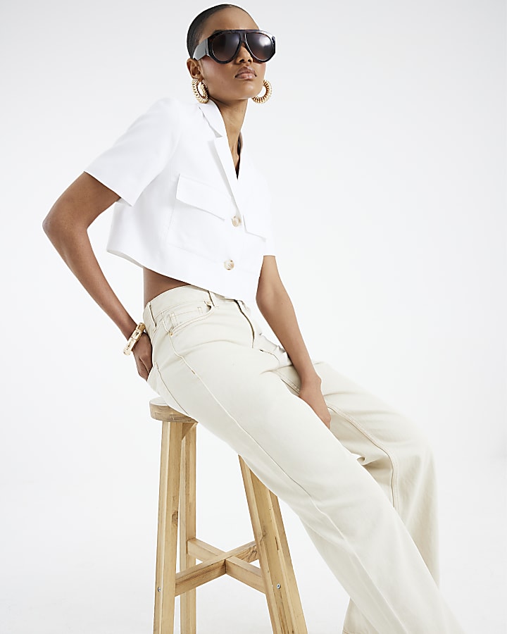 Beige High Rise Relaxed Straight Leg Jeans