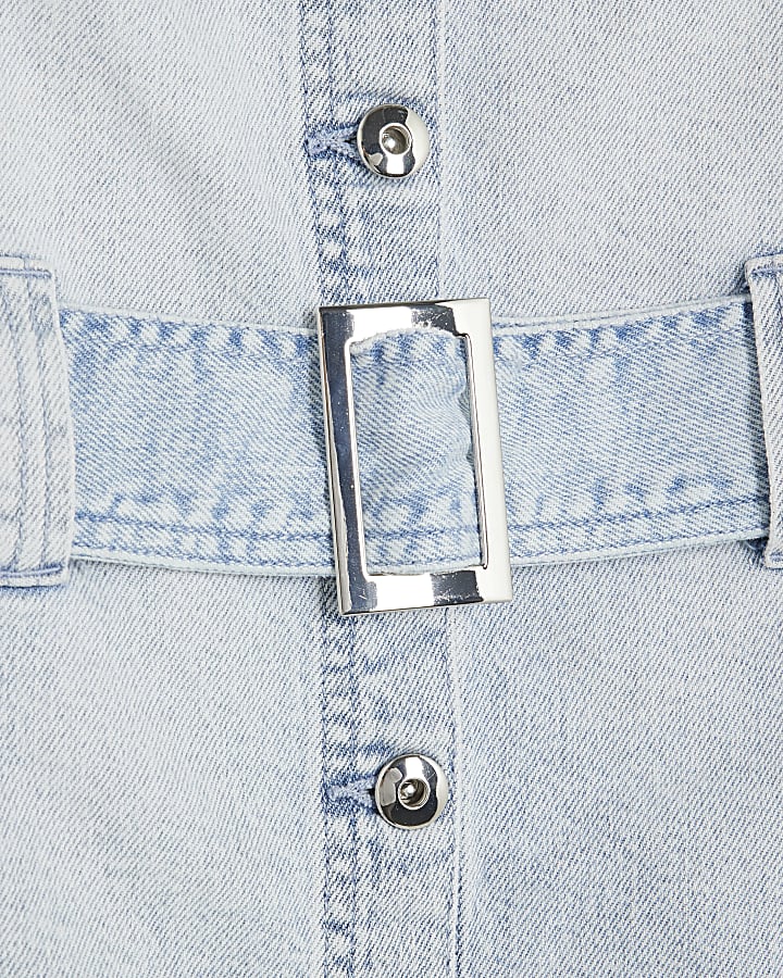Petite Blue Denim Belted Mini Shirt Dress