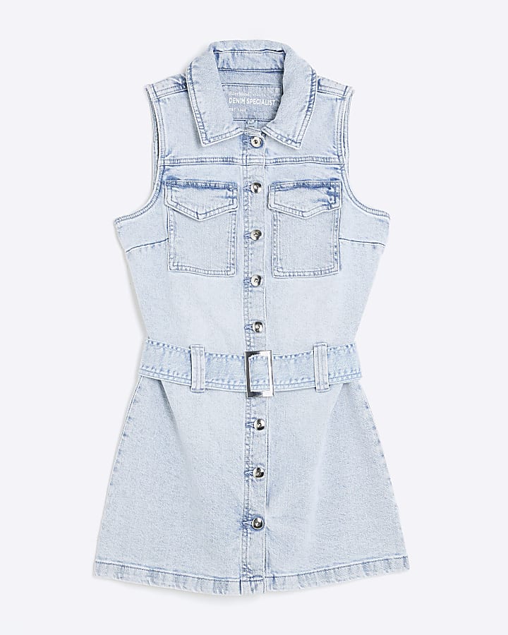 Petite Blue Denim Belted Mini Shirt Dress