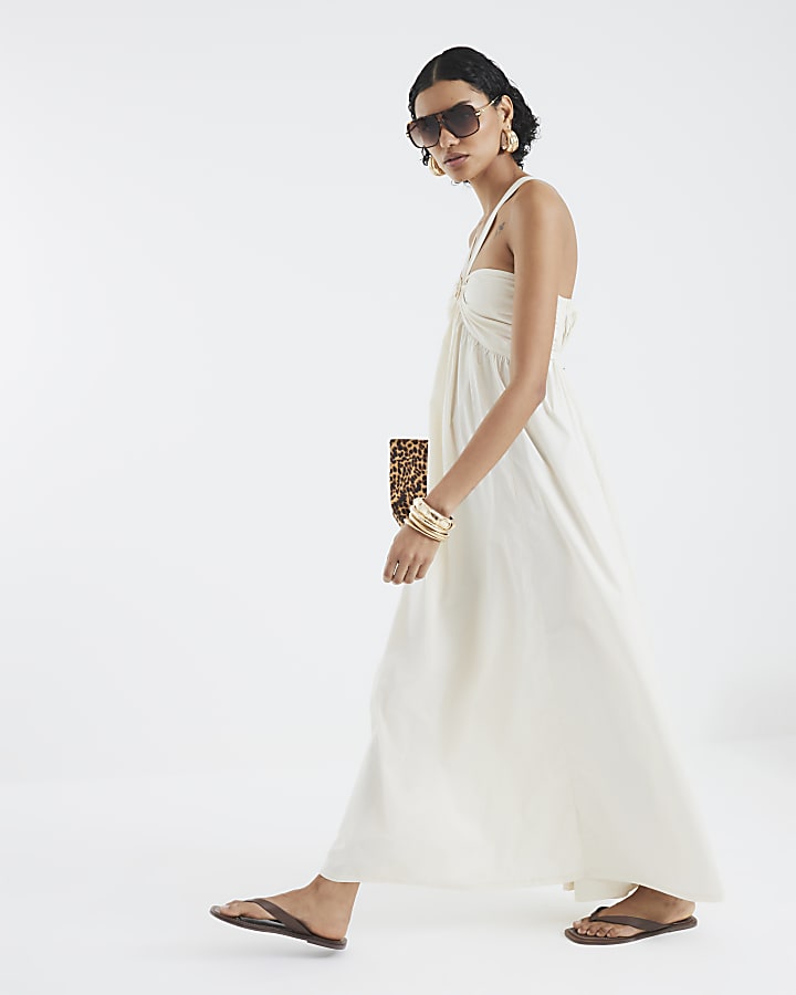 Cream Sleeveless Halter Neck Maxi Dress