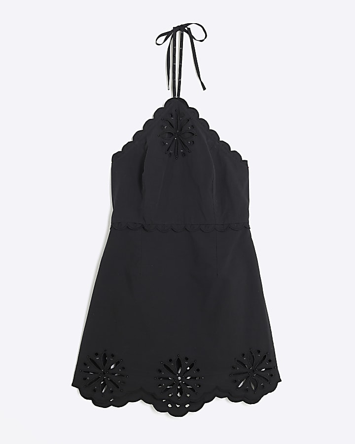 Black Halter Neck Cutwork Mini Dress