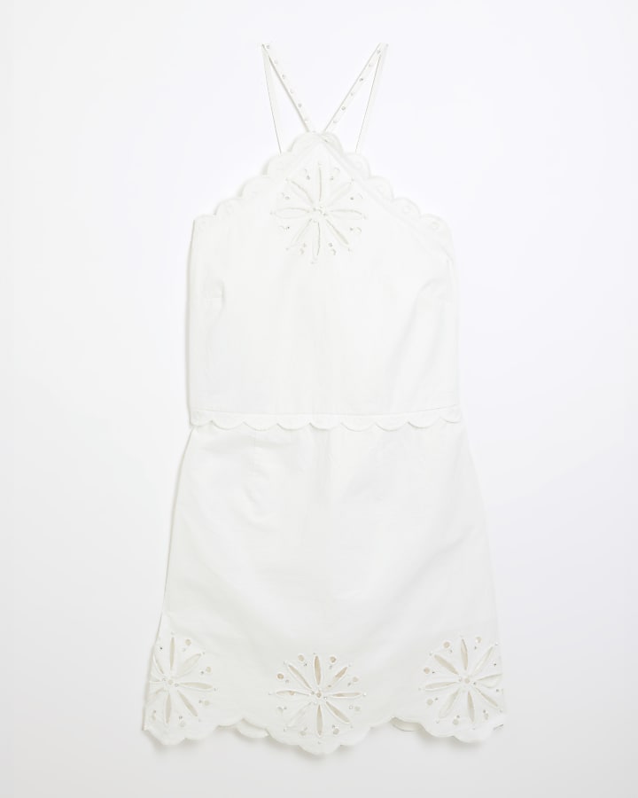 White Halter Neck Cutwork Mini Dress