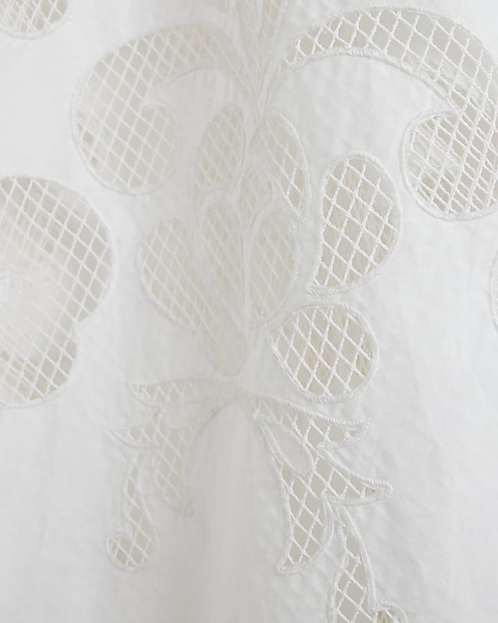 White Short Sleeve Cutwork Midi Dress