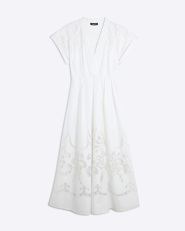 White Short Sleeve Cutwork Midi Dress