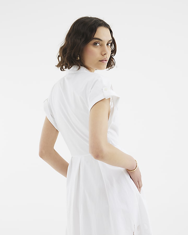White Short Sleeve Cutwork Midi Dress