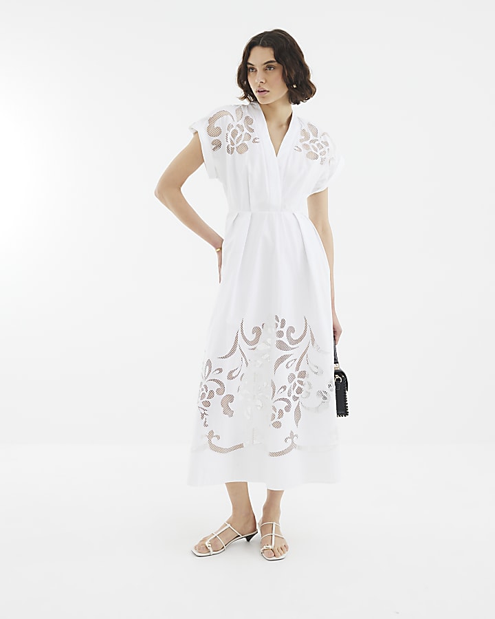 White Short Sleeve Cutwork Midi Dress