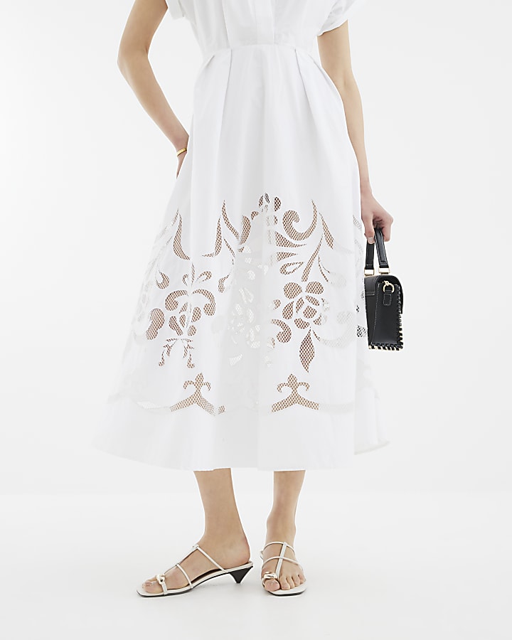 White Short Sleeve Cutwork Midi Dress