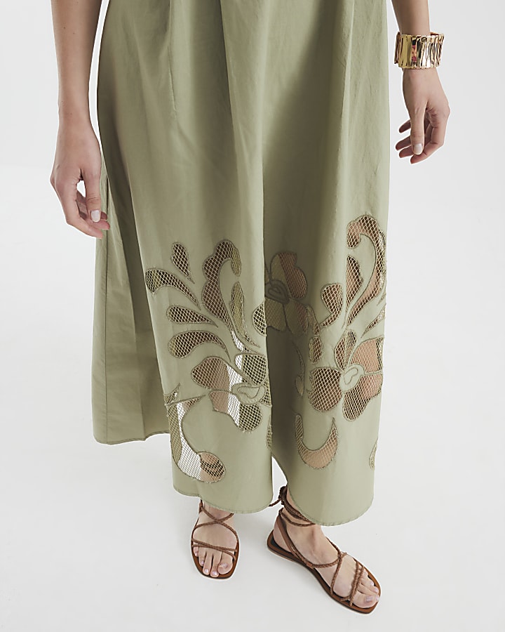 Khaki Short Sleeve Cutwork Midi Dress