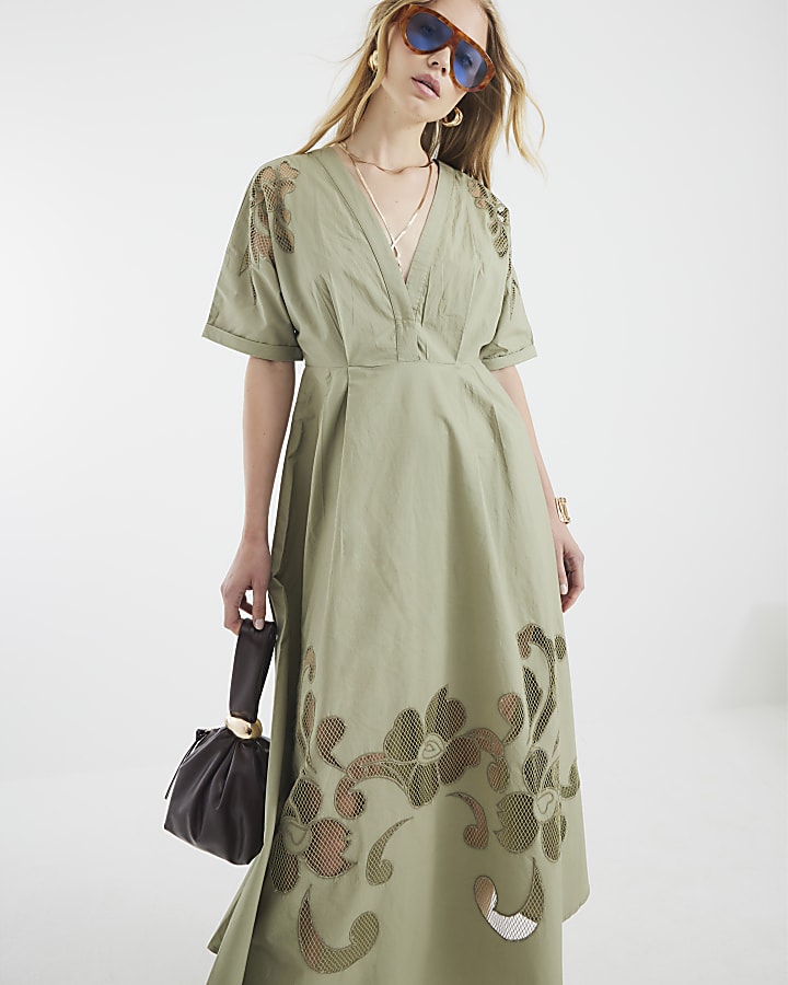 Khaki Short Sleeve Cutwork Midi Dress