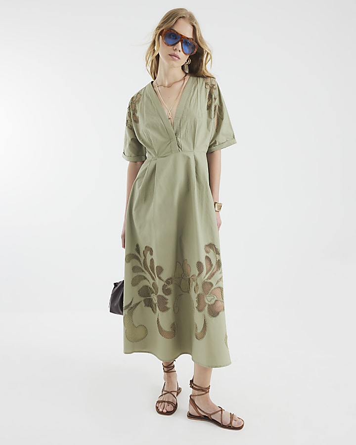 Khaki Short Sleeve Cutwork Midi Dress