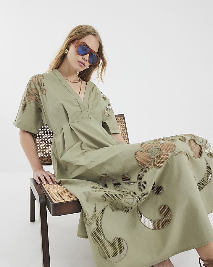 Khaki Short Sleeve Cutwork Midi Dress
