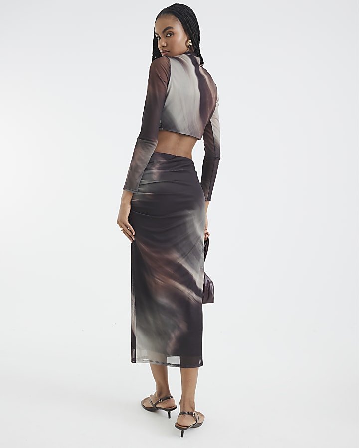 Brown Long Sleeve Mesh Crop Top And Skirt Set