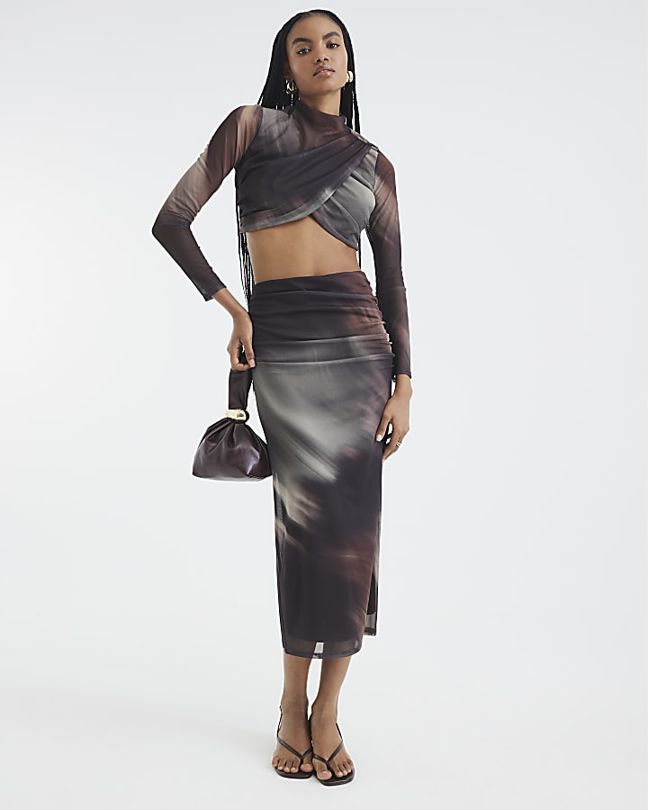 Brown Long Sleeve Mesh Crop Top And Skirt Set