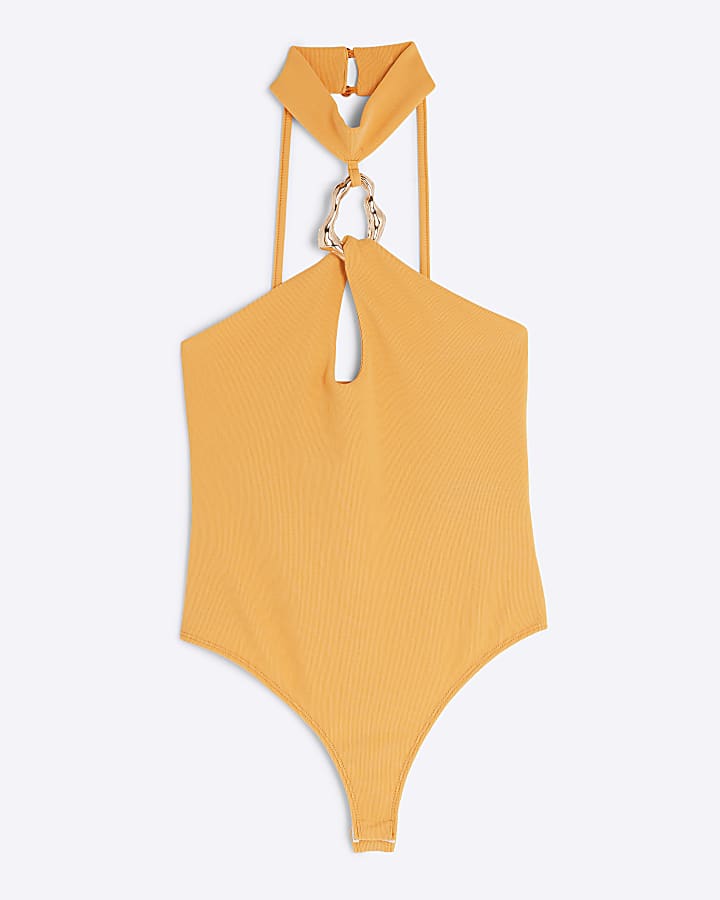 Petite Orange Halter Neck Ribbed Bodysuit