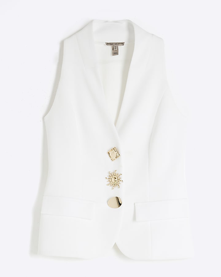 White Sleeveless Button Detail Waistcoat