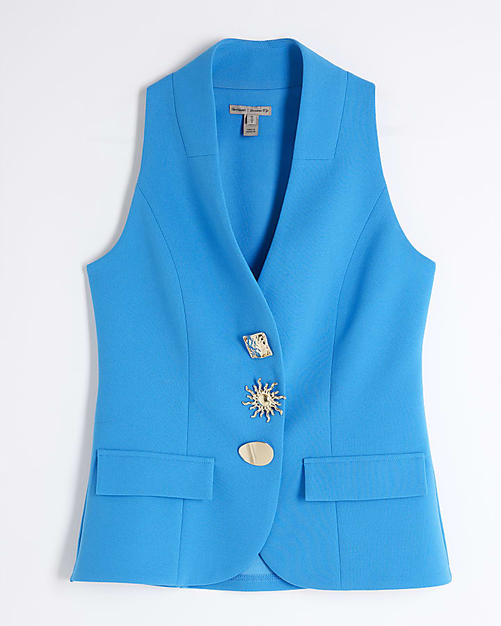 Blue Sleeveless Button Detail Waistcoat