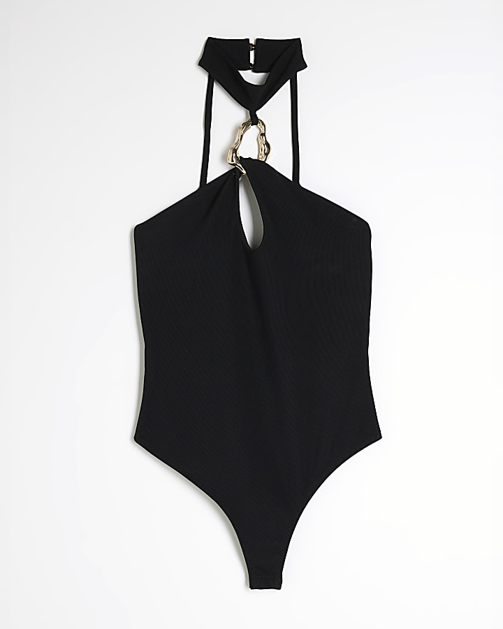 Black Halter Neck Ribbed Bodysuit