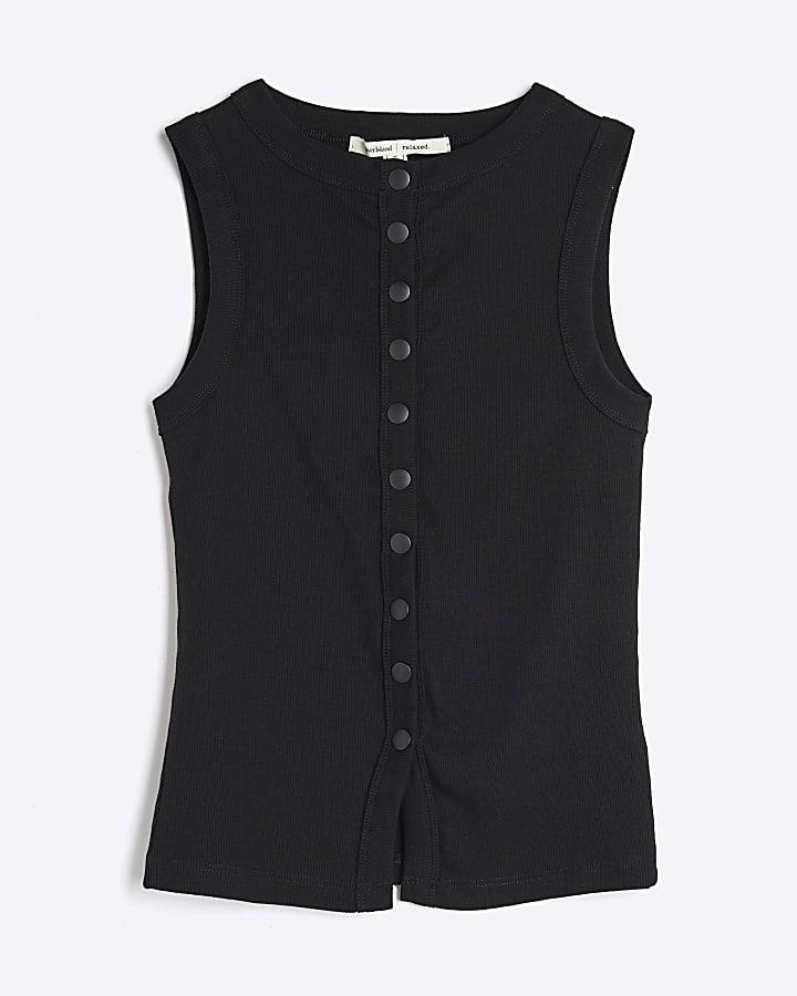 Black Popper Ribbed Sleeveless Tank Top