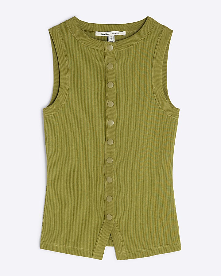 Green Sleeveless Popper Ribbed Tank Top