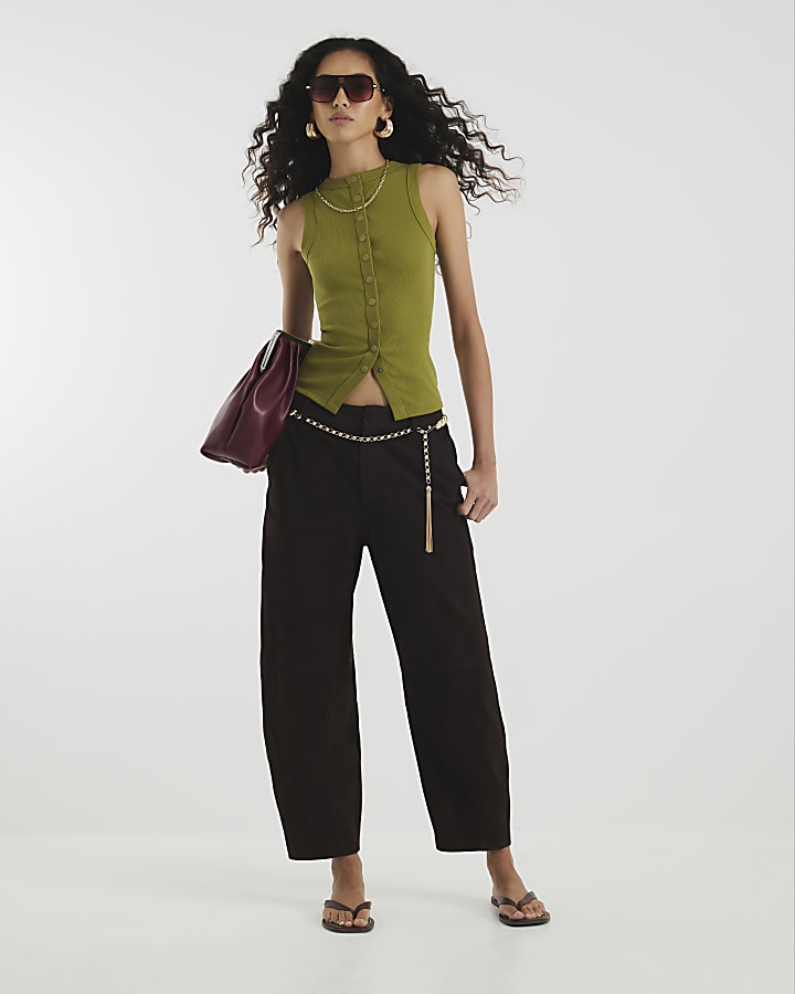 Green Sleeveless Popper Ribbed Tank Top