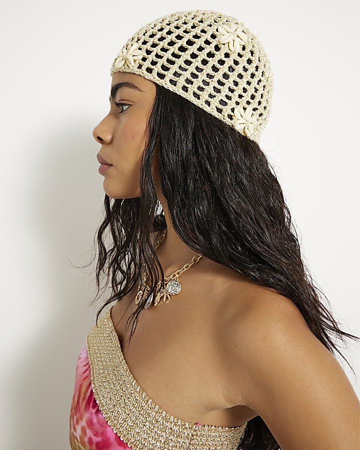 Cream Seashell Crochet Skull Cap