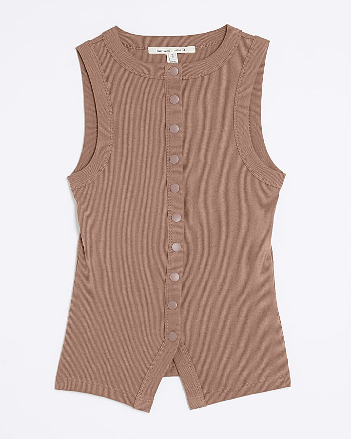 Beige Popper Ribbed Sleeveless Tank Top