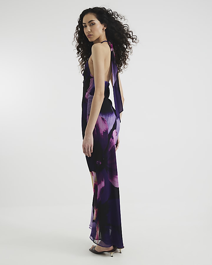 Purple Floral Halter Neck Tie Maxi Dress