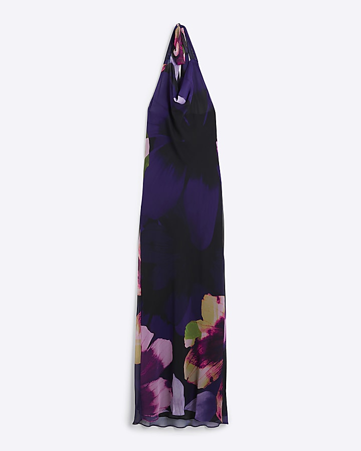 Purple Floral Halter Neck Tie Maxi Dress