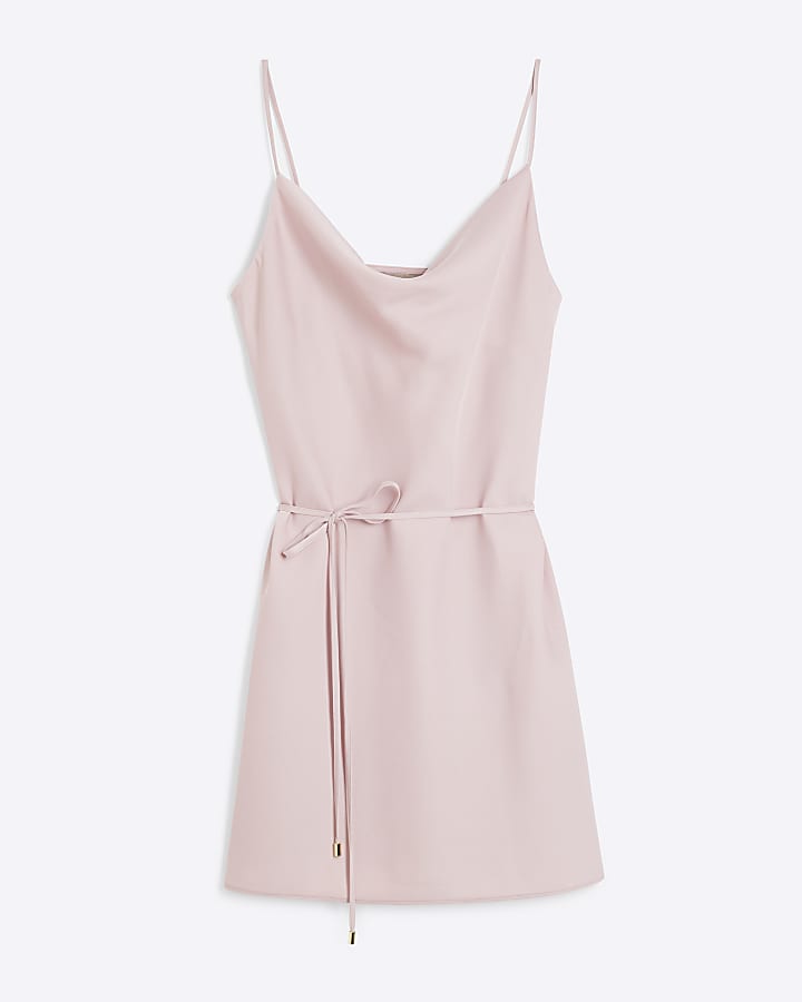 Pink Satin Cowl Neck Belted Mini Dress