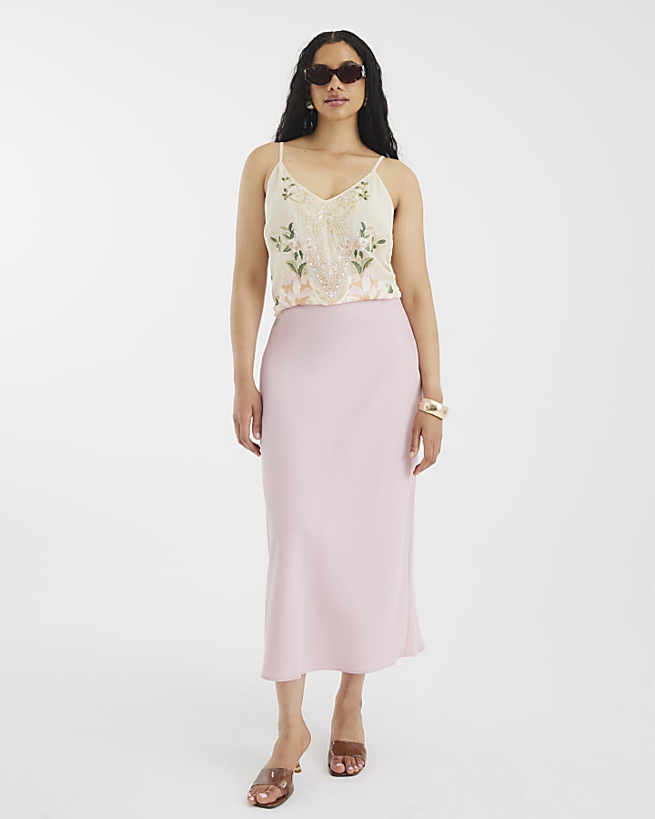 Pink Satin Midi Skirt
