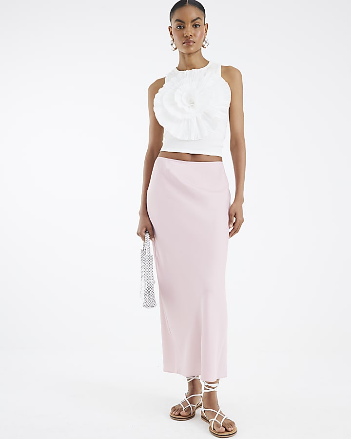 Pink Satin Midi Skirt