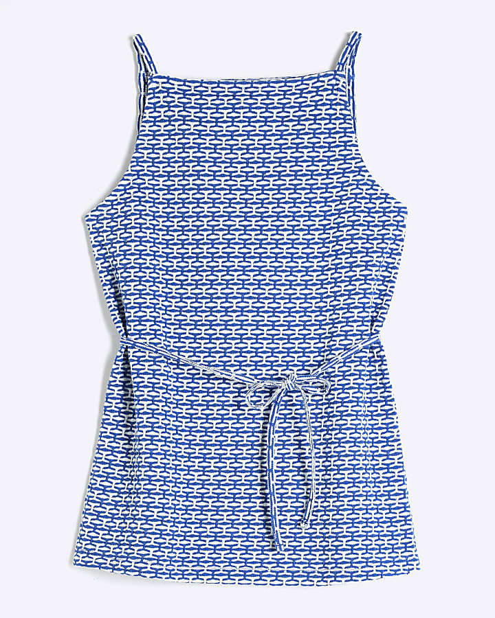 Blue Sleeveless Geometric Print Tunic Top